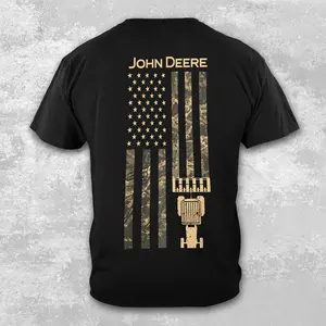 Vintage John Deere Tractor Vintage Tee, Country Boys Fan Merch| John Deere Deer Logo Front Camo American Flag Tractor Back Graphic T-Shirt, Patriotic Farming Retro Short Sleeve Heavyweight Cotton Country Lifestyle Tee