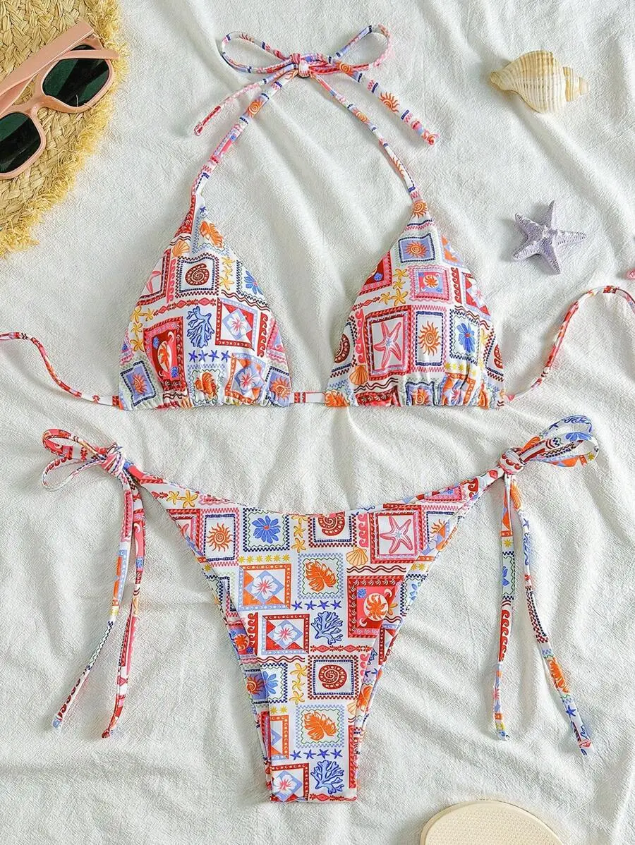 Soleia Women's White Colorful Tropical Flower Print & Splice V-Neck Tie Front Bikini Set,Summer Boho Holiday Party Beachwear Swim Suits Vacation Outfits