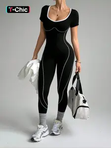 Women's Colorblock U-Neck Back Letter Trim Short Sleeve Yoga Jumpsuit, High Stretch Knit Running Fitness Pants, All Seasons Sporty Style, Workout Jumpsuits, Workout Apparel