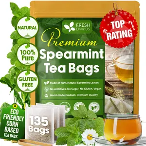 【FreshDrinkUS】 Premium 135 Spearmint Tea Bags, 100% Natural & Pure Spearmint Leaves. Loose Leaf Spearmint Herbal Tea. Spearmint Leaf Tea. No Sugar, No Caffeine, No Gluten, Vegan.