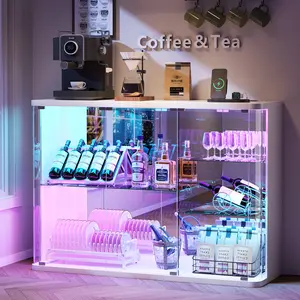 Dystler Rounded Coffee Bar Cabinet with Storage, RGB Buffet Table Cabinet with Glass Doors, Modern Sideboard with Charging Station, Ideal for Living Room/Dining Room/Kitchen