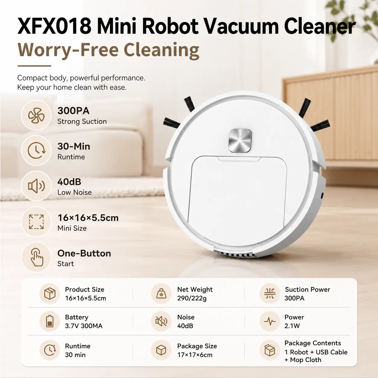 XFX018 Compact Robotic Vacuum Cleaner for Hard Floors and Everyday Home Cleaning