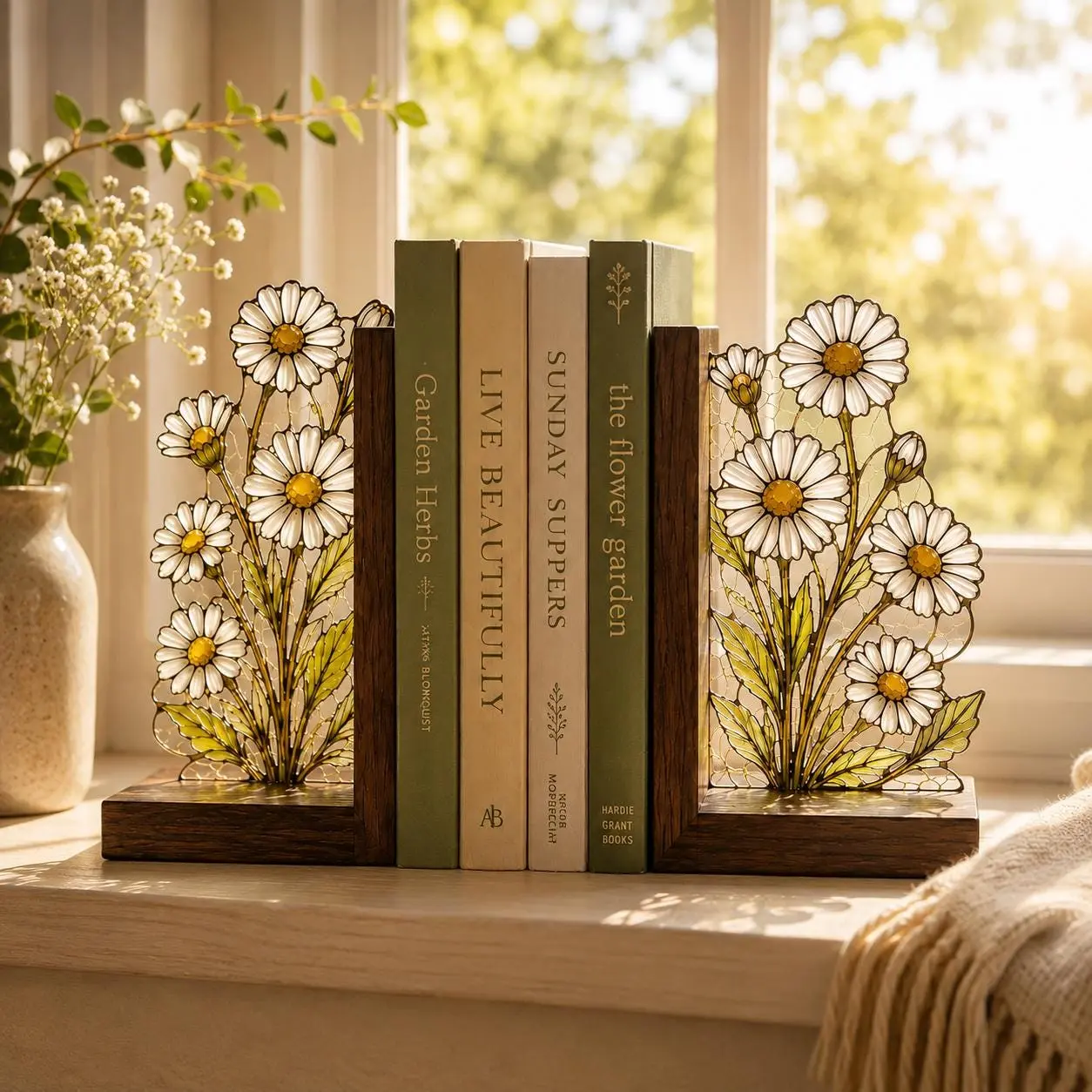 Daisy Stained Glass Bookends, Floral Wooden Book Ends, Cottagecore Bookshelf Decor, Botanical Gift for Book Lovers, Best Friend Gift, Bookshelf Decor 2026
