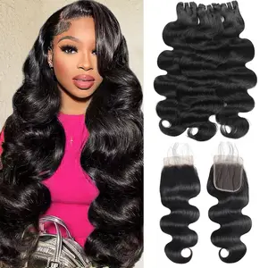 [15A Bundles With Closure] Ishow Body Wave Bundles With Lace Closure 30inch Salon Quality Brazilian Virgin Bundles 100% Human Hair Natural Color 2*6/4*4 Lace Closure With Human Hair Bundles