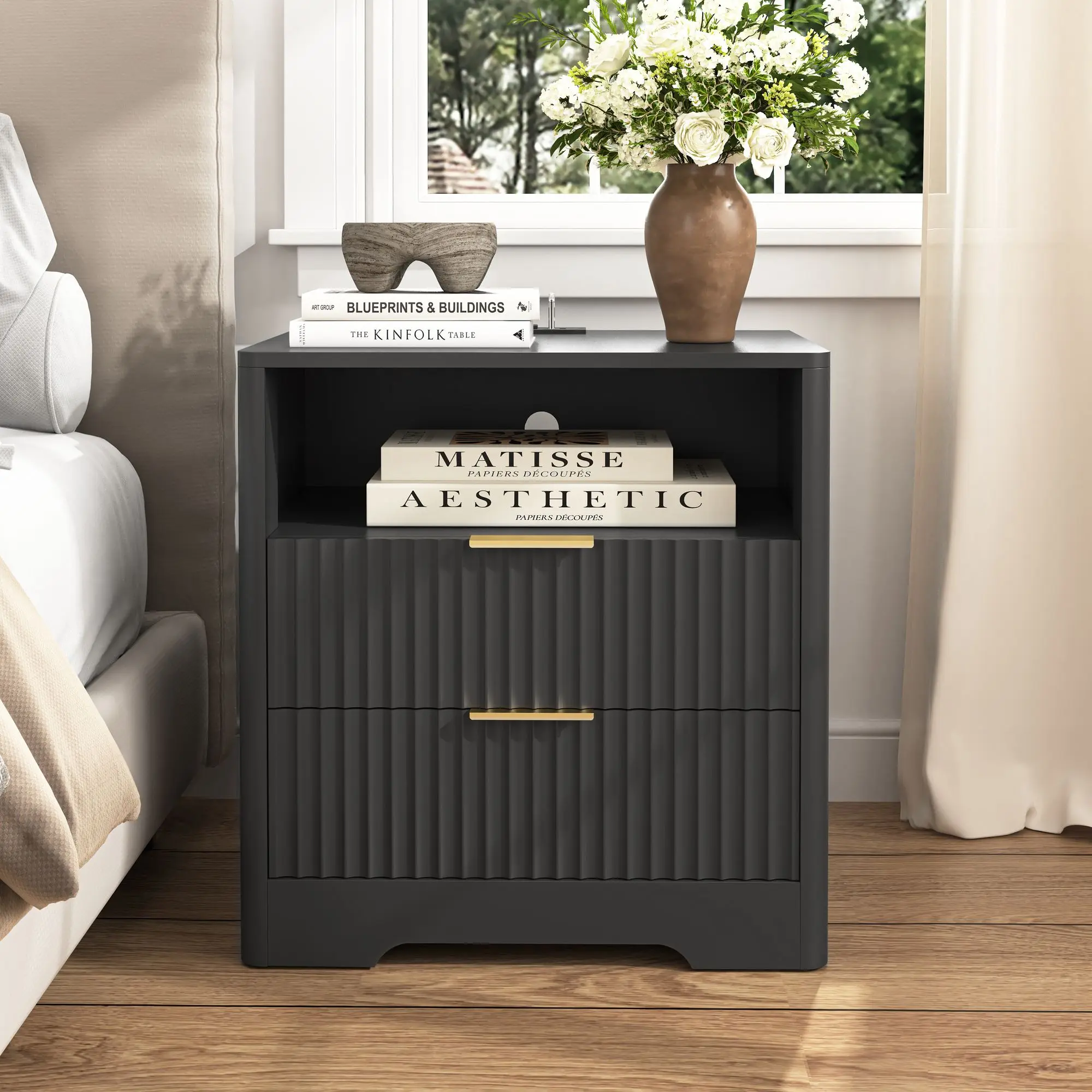 Black Smart Bedroom Bedside Table - Modern Home Decor Indoor Furniture, USB Ports Charging Station, Voice Control Night Light, Quick-Install Storage Cabinet