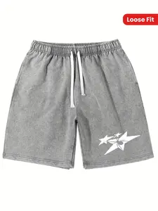Men's Casual Street Style Cotton Shorts, 100% Cotton Knit Fabric, Loose Fit with Drawstring, Vintage Washed Print Design, Hip-Hop Letter Pattern, Cute Shorts, Easter, Music Festival, Mother's Day Gifts