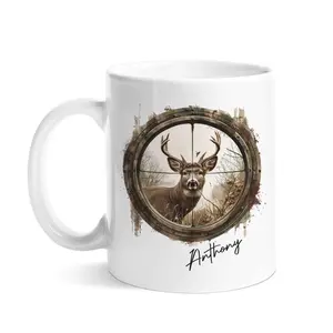 Personalized Deer Hunting Coffee Mug, Rustic Buck Deer in Rifle Scope Design with Custom Name “Anthony”, Perfect Gift for Hunter, Dad, Outdoorsman for Father’s Day or Hunting Season
