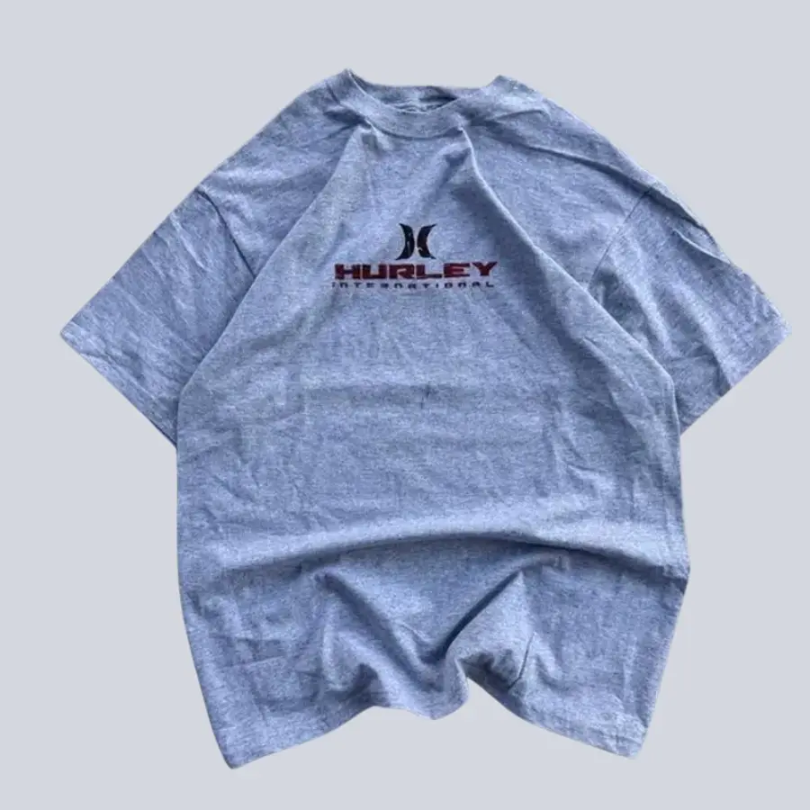 Vintage 2000s Hurley T-Shirt Mens Light Grey 100%Cotton Regular Fit Short Sleeve Tee