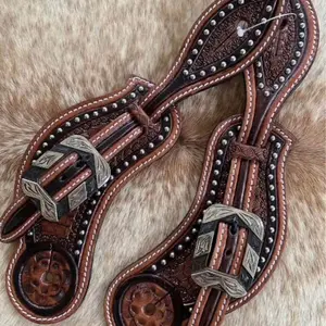 Pair Adult Size Western Spur Straps Two Tone Leather Fancy Hardware