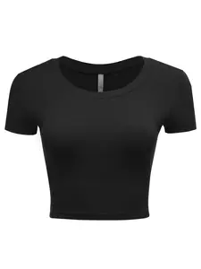 Women's Casual Slim Fit Short Sleeve Crew Neck Basic Crop Top Check Crewneck