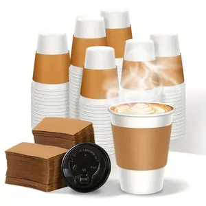 100 Disposable Coffee Cups 12oz with Lids Sleeves Thickened Paper Cups for Hot Drinks Coffee Hot Chocolate Cocoa Takeaway Office Party Leakproof Disposable Cup