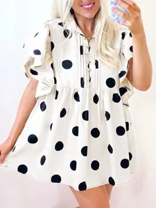Summer Fashion Polka Dot Print Half Button Ruffle Short Sleeve Loose Fit Dress, Stylish and Comfortable Summer for Women