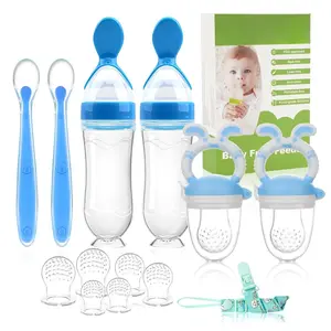 Baby Fruit Feeder Pacifier - 6 Pack, 2 Baby Fruit Food Feeder Pacifier & 2 Baby Food Dispensing Spoon, Fresh Fruit Teethers for Babies, Silicone Feeder Baby Mesh Baby Feeder -Blue