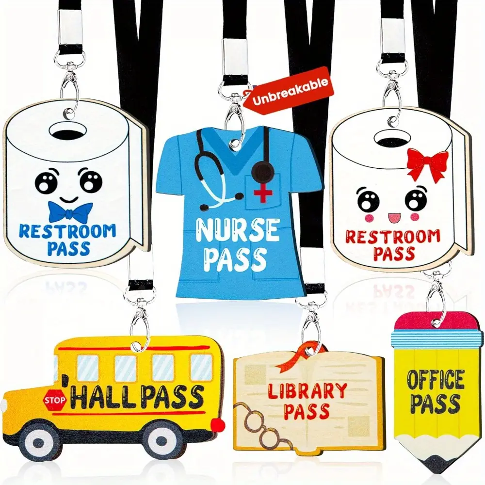 Durable Classroom Hall Passes for Teachers, 6-Piece Set, Ideal for Student Management & School Supplies, Includes Bathroom & Library Access, Nurse Pass, Office Pass, Lanyards with Id Holder