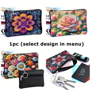 1pc DIY Flowers Diamond Painting Coin Purse with Zipper, PU Leather Crystal Rhinestone Diamond Art Bags for Cash and Daily Use, Mini Change Bags, Flower Pattern Wallet, Zipper Wallet Design, Gifts for Friends for Birthday