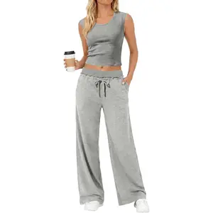 Fisoew Womens 2 Piece Lounge Sets Crop Tank Tops Wide Leg Pants Matching Sets,