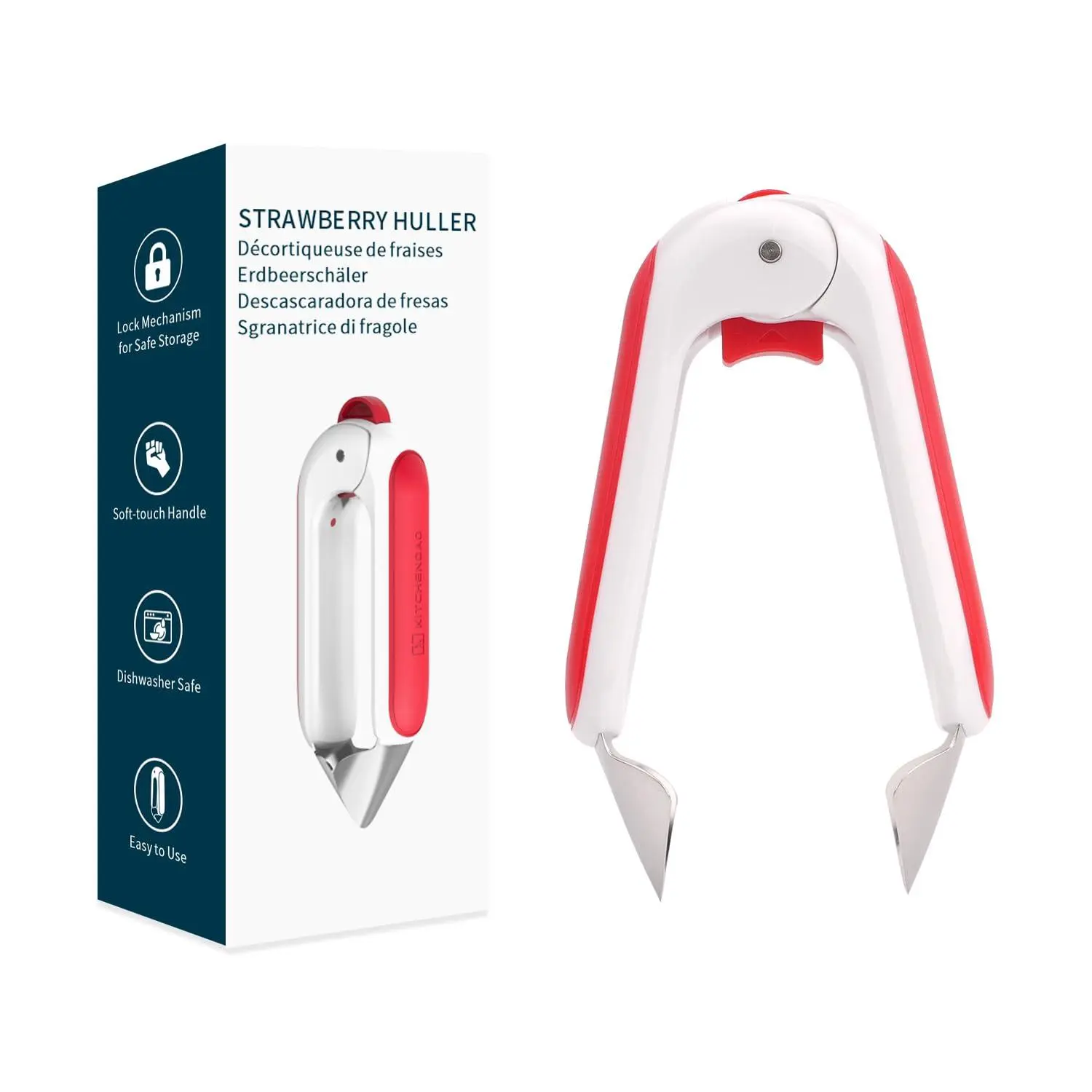 Strawberry Huller and Corer with Safety Lock, Soft-Touch Handle and Dishwasher-Safe Blades