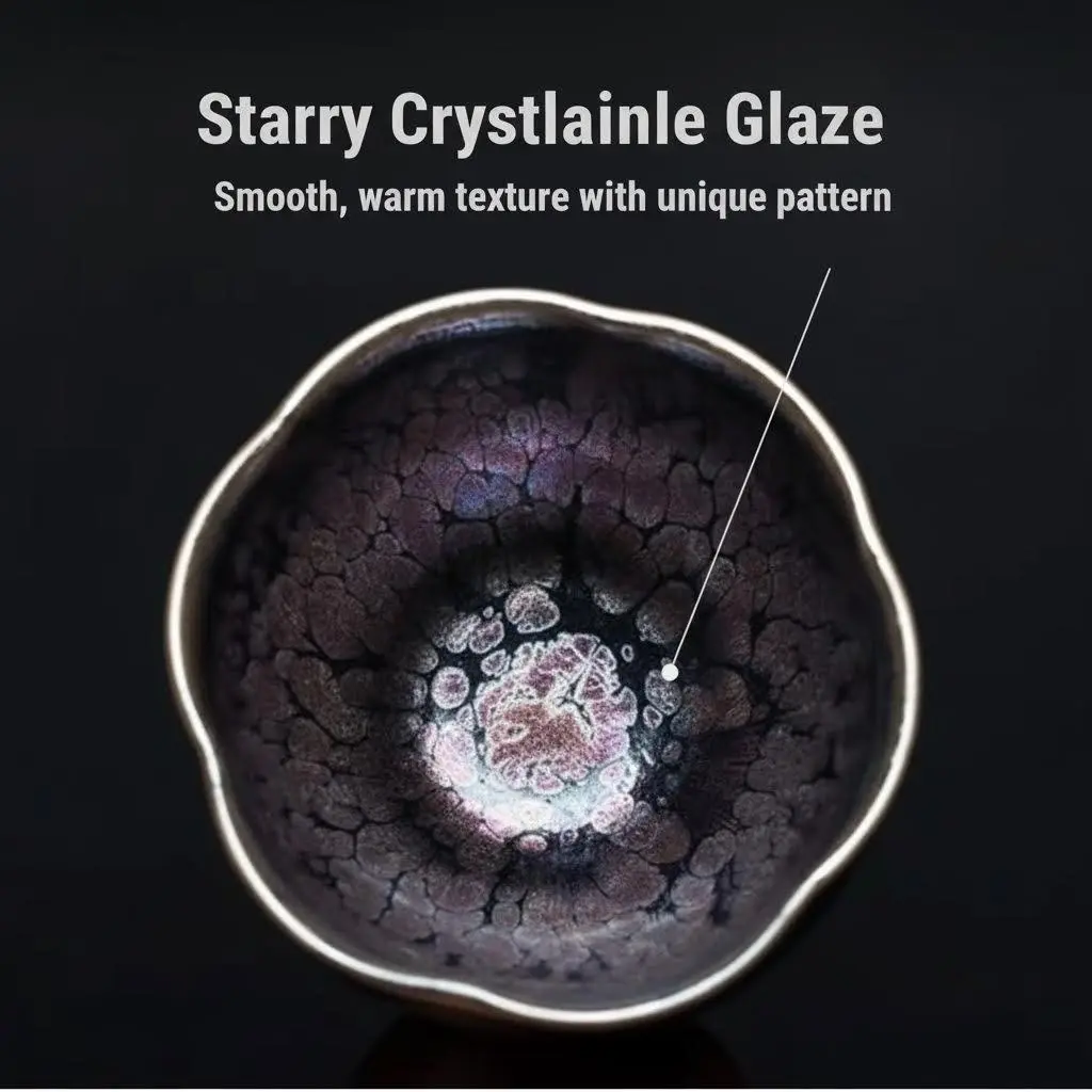 "Starry Crystal Glaze" Jianzhan Teacup — Handcrafted Chinese Artistic Teaware Featuring Iridescent Shimmer, Food-Safe Ceramic, Gift Box Included, Handcrafted Oil-Spot Glaze, Floral Rim, Gongfu Tea Cup for Collectors