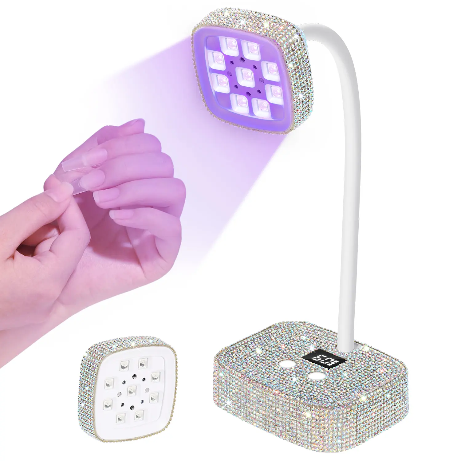 Bling - Bedazzled Rechargeable Nail Lamp: 360° Adjustable Flexible Arm, 9 LED UV Beads, Smart Auto - Sensor, 2 Timers (30s/60s), Type - C Charging & Portable Design For Effortless Gel Nail Curing At Home & On - The - Go