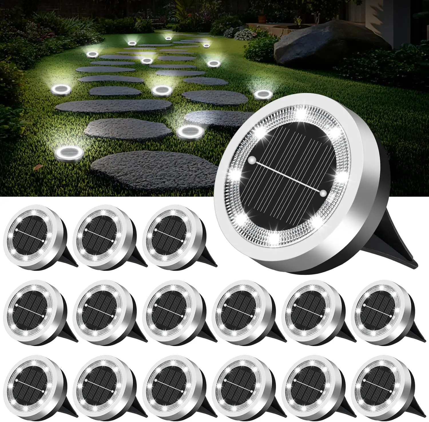JNOEC Mini Flat Disc Stainless Steel 8-LED Solar Outdoor Ground Lights, IP65 Waterproof, Auto-On/Off, 4/8/16-Pack Options for Garden, Lawn, Solar Pathway & In-Ground Lighted Lighting, In-Ground Pathway Lighting, Lighted Pathway Lighting