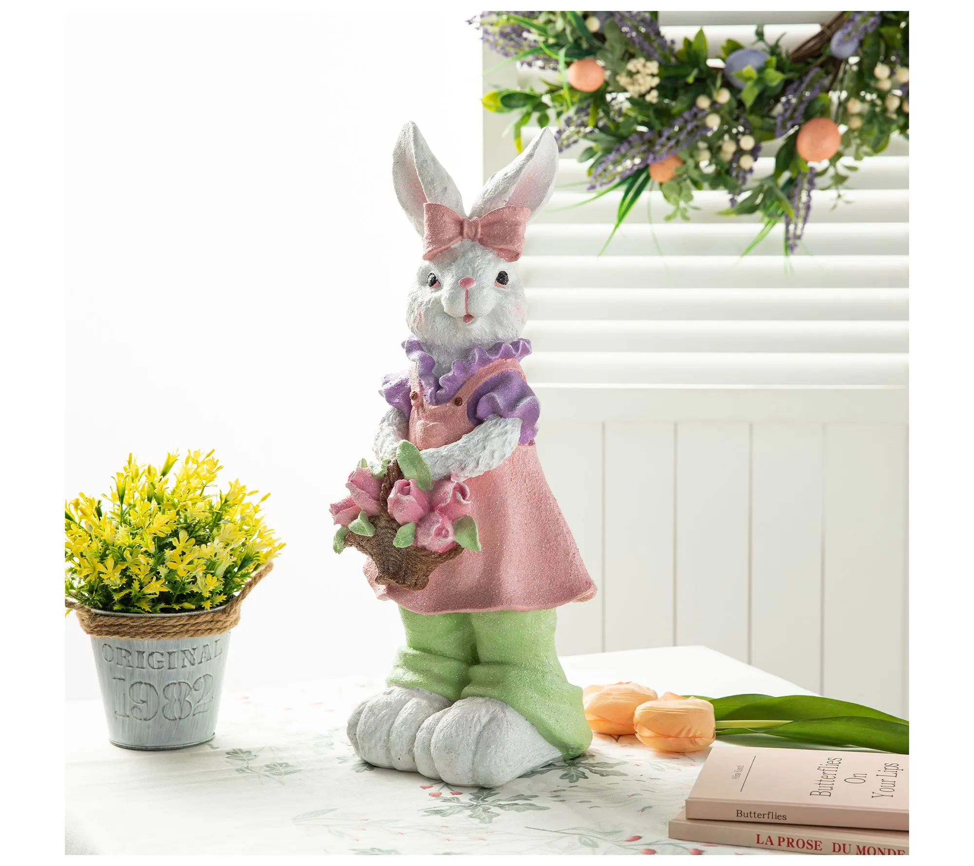 Glitzhome 17.5"H Easter Bunny with Flower Basket Table Decor Glitzhome 17.5"H Easter Bunny with Flower Basket Table Decor