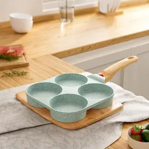 4-grid Non-stick Egg Frying Pan, 1 Count Non-stick Egg Burger Frying Pan with Wooden Handle, Kitchen Cookware for Frying Egg, Burger, Bacon, Steak