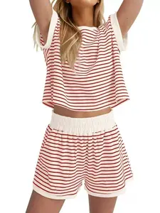 Women's 2 Piece Lounge Set Stripe Short Sleeve Tee Shirts & Matching Shorts Casual Summer Loungewear Set for Home & Outings