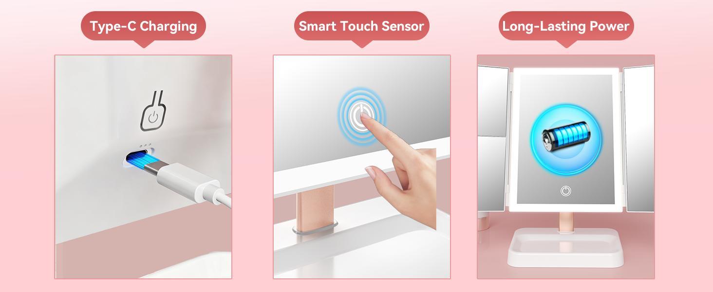 Lighted Makeup Vanity Mirror, Height Adjustable Trifold Mirror with Seamless Light Strip, 1X/2X/3X/10X Magnification, 2000mAh Rechargeable Desk Mirror, Dimmable 3 Color Lighting – Ideal Gift for Mom on Mother's Day