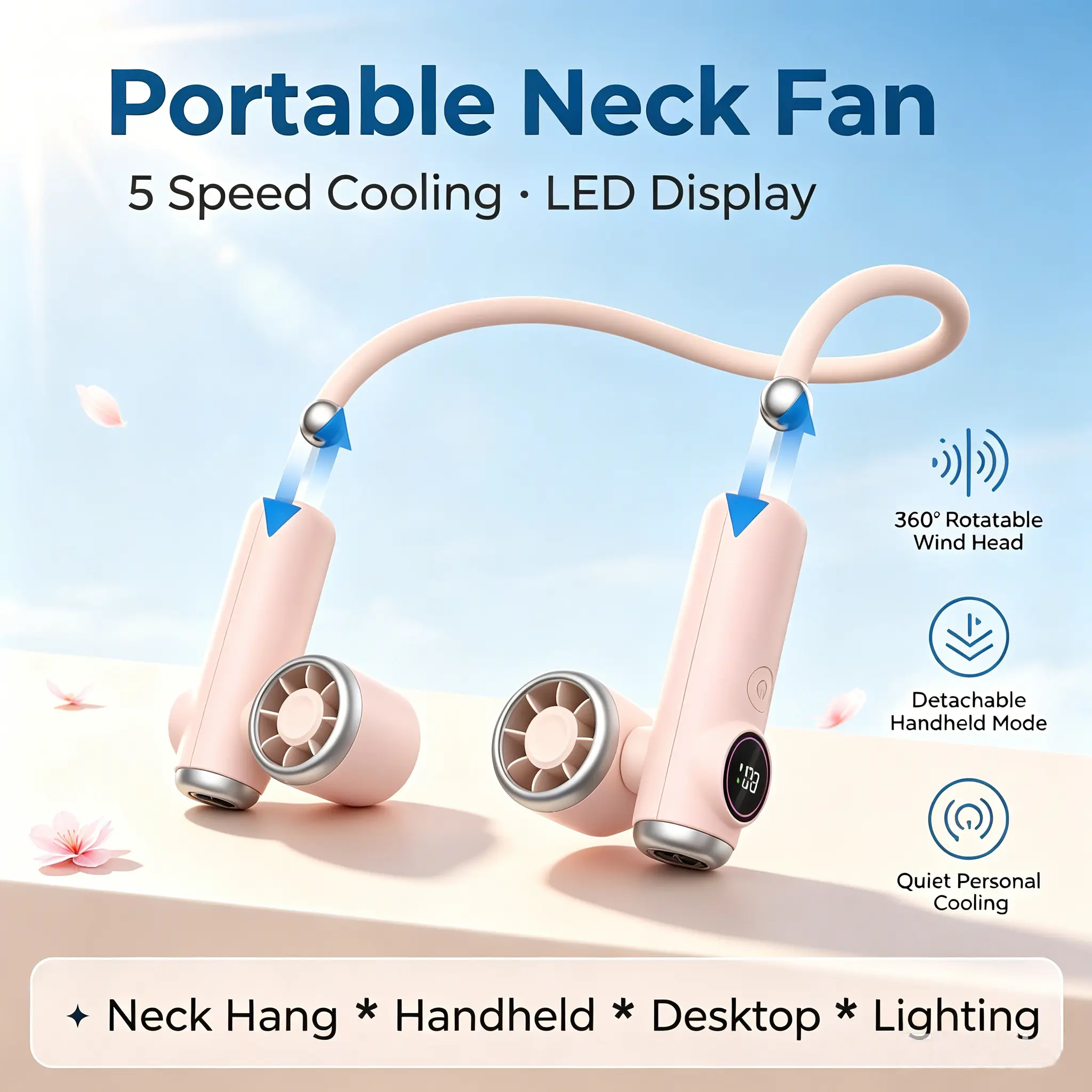 SummerWins Rolosar 2026 New Portable Magnetic Neck Fan - 5 Speeds, LED Display, 6H Battery, 3-in-1 Detachable, Flashlight, Adjustable Width, Rechargeable Hands-Free Bladeless Wearable Fan for Outdoor Travel Gifts, Cordless Camping Fan, Cooling Personal Fa