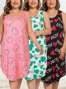 【Flash Sale】Women's Valentine Heart Pajama Set, Plus Size Curvy Fit 3-Pack Sleeveless Tank Loungewear Nightdresses, Breathable Floral Sleepwear (1XL-5XL Assorted Prints, Blue) | Plus Size Clothes, Curvy Clothing, Pajamas Sets for Women, All Seasons outdoo