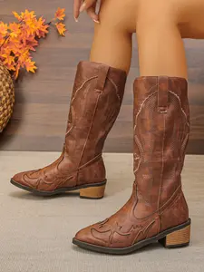 Women's Fashion Western Boots, Classic Comfortable Non-Slip, Hand Embroidered, Pointed Toe, Mid-Calf, Winter Style, Cowalto Model, Greco Design