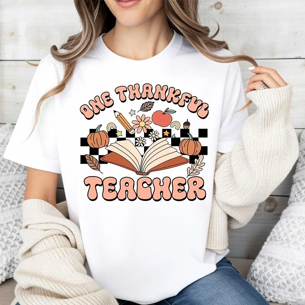 One Thankful Teacher Print With Pumpkin And Book, Raglan Long-Sleeved T-Shirt, Thanksgiving Autumn School Theme, Casual Daily Wear