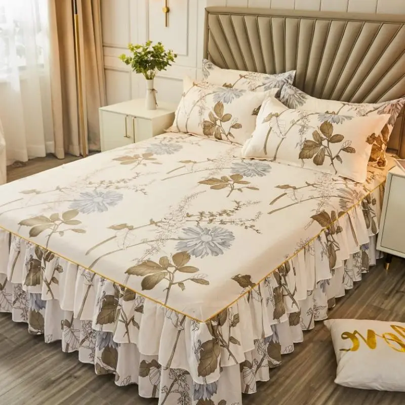 Floral Print Ruffled Edge Bed Skirt Set, 2/3 Counts Soft Comfortable Breathable Bedding Set, Including Bed Skirt & Pillowcase, Halloween Decor Bedroom