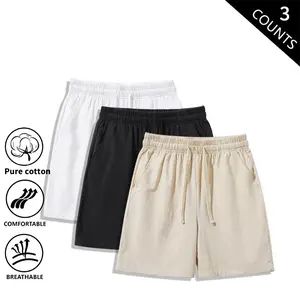 Men’s 3-Pack Summer Pure Cotton Knee-Length Shorts – Loose Fit, Linen Blend, Drawstring Waist, Breathable and Comfortable Casual Shorts