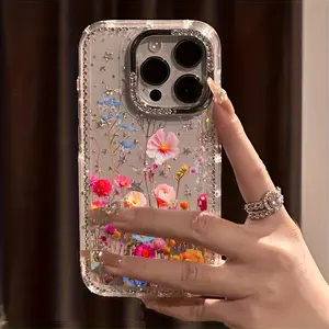 Fashion Rhinestone Full Screen Floral Pattern Transparent Glitter Frame Star Pattern Shockproof Protective Case Suitable for iPhone17 16 15 14 13 12 11 Pro  and Other Full Series Models High-Quality Exquisite Gift Suitable for Giving to Family and Friends