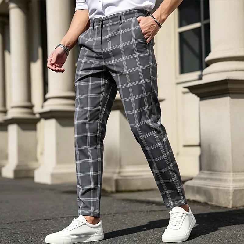 Men's Slim Fit Plaid Houndstooth Pants - Mid Waist Tailored Waistband Stretch Straight Leg Menswear, Button Closure, Stretch Fabric, Business Casual Office Use, Wedding Fancy Occasions, Cool and Casual Men's Pants, Business Fashion Pants, Checkered