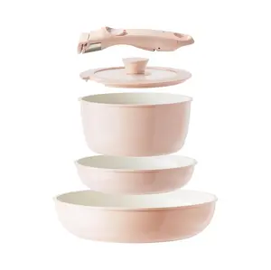 Redchef Removable Handle Pots And Pans Non Stick, Ceramic Cookware Set, RV Cookware Set, Non Toxic Pots And Pans Set No PFAS & PTFE & PFOA, Detachable Pots And Pans, Dishwasher & Oven Safe (Pink)