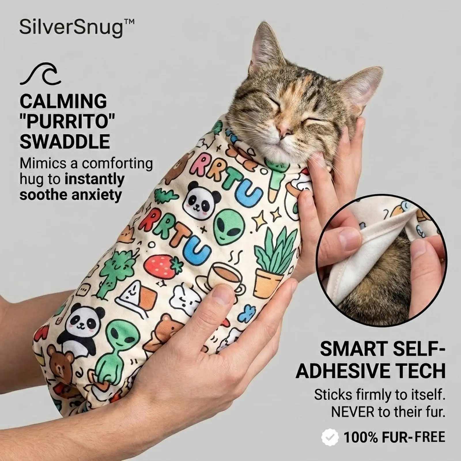 SilverSnug Magic Purrito Wrap | Self-Adhesive Calming Pet Swaddle & Grooming Towel (Scratch-Proof & Fur-Free)