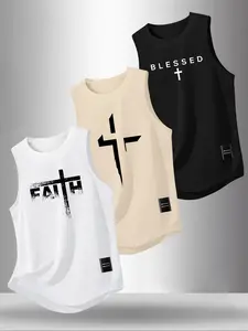 Men's 3-Pack Faith & Cross Graphic Print Sleeveless Tank Tops, Casual Gym Faith Streetwear Vests, Muscle Tees #3PackTankTops #FaithCrossTank #GymMuscleTee #ChristianFashion #TikTokMadeMeBuyIt