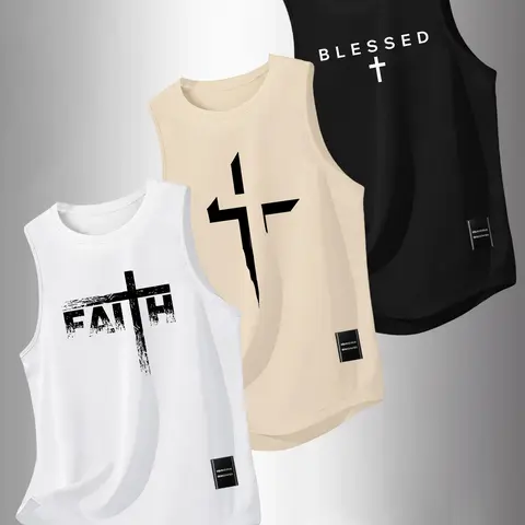Men's 3-Pack Faith & Cross Graphic Print Tank Tops, Casual Gym Streetwear Vests, Sleeveless Muscle Tees, Graphic Sleeveless Shirts