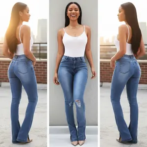 Women's High-Rise Split-Hem Cotton Blue Denim Jeans - THE SCULPTOR FLARE Style, Fashion Asian Streetwear with Corset-Ribbed Design