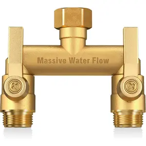 Hose Splitter 2 Way Heavy Duty, Solid Brass Full Flow Outdoor Faucet and Garden Hose Splitters, Water Spigot Splitter T Adapter,  Metal Water Connector with Shut-Off Valve, 3/4 - Inch GHT Thread