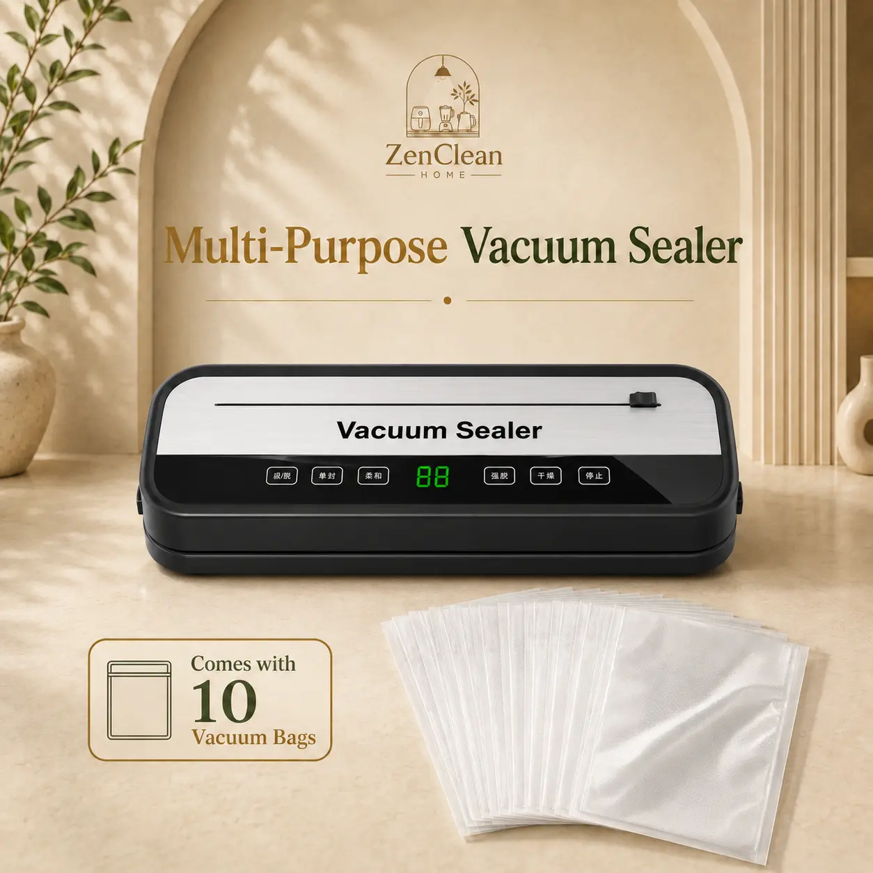 60KPa Compact Food Vacuum Sealer Machine, 10 Vacuum Bags Included, Dry & Moist Modes, Adjustable Heat Control, Built-In Bag Cutter, Portable Design for Locking In Freshness,powerful,Automatic,snack