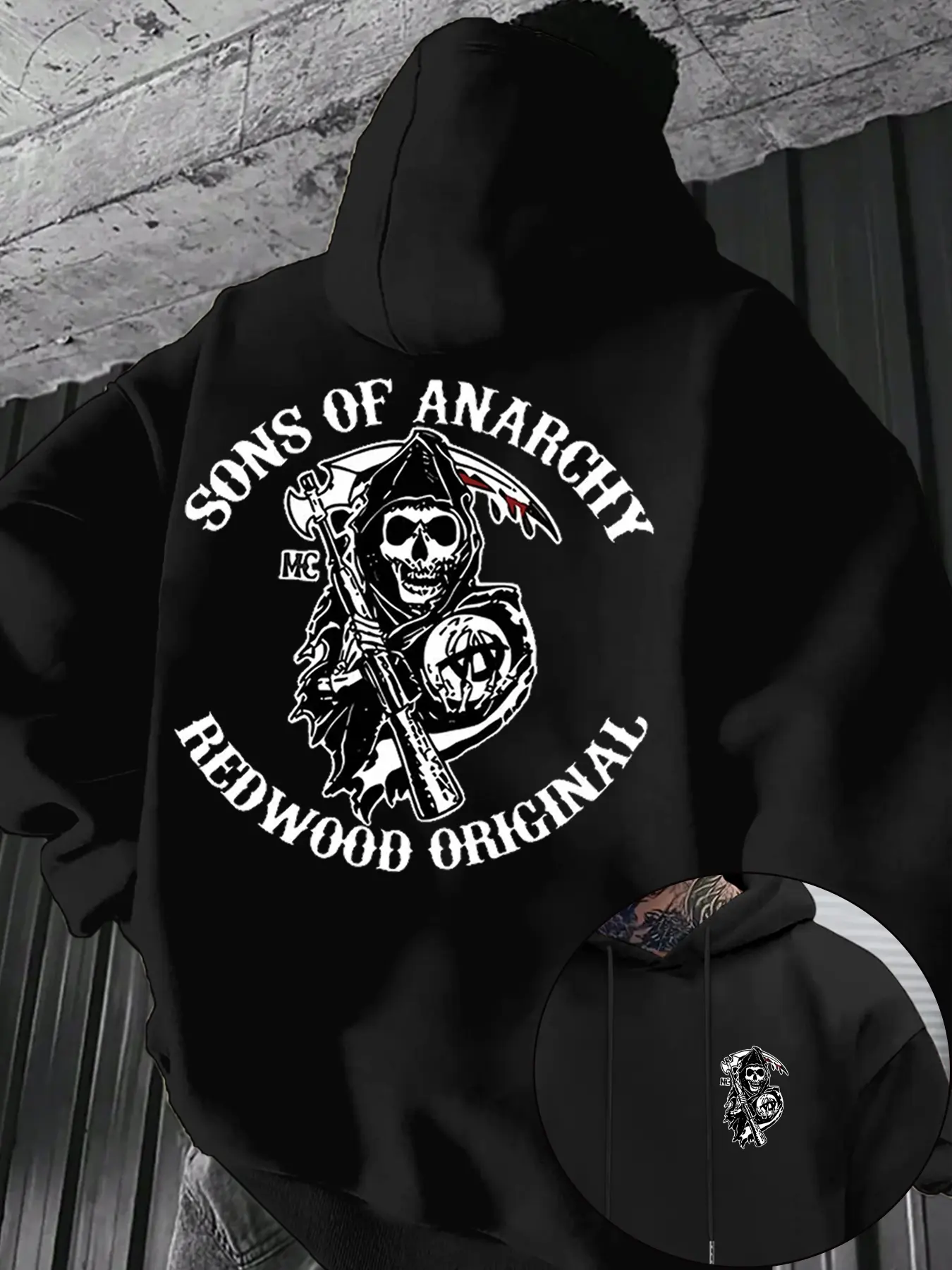 Men's Hooded Knit Sweatshirt with Death Skull Print, Chest Pocket & Drawstring, Long Sleeve, Loose Fit, Casual, Perfect for Fall/winter