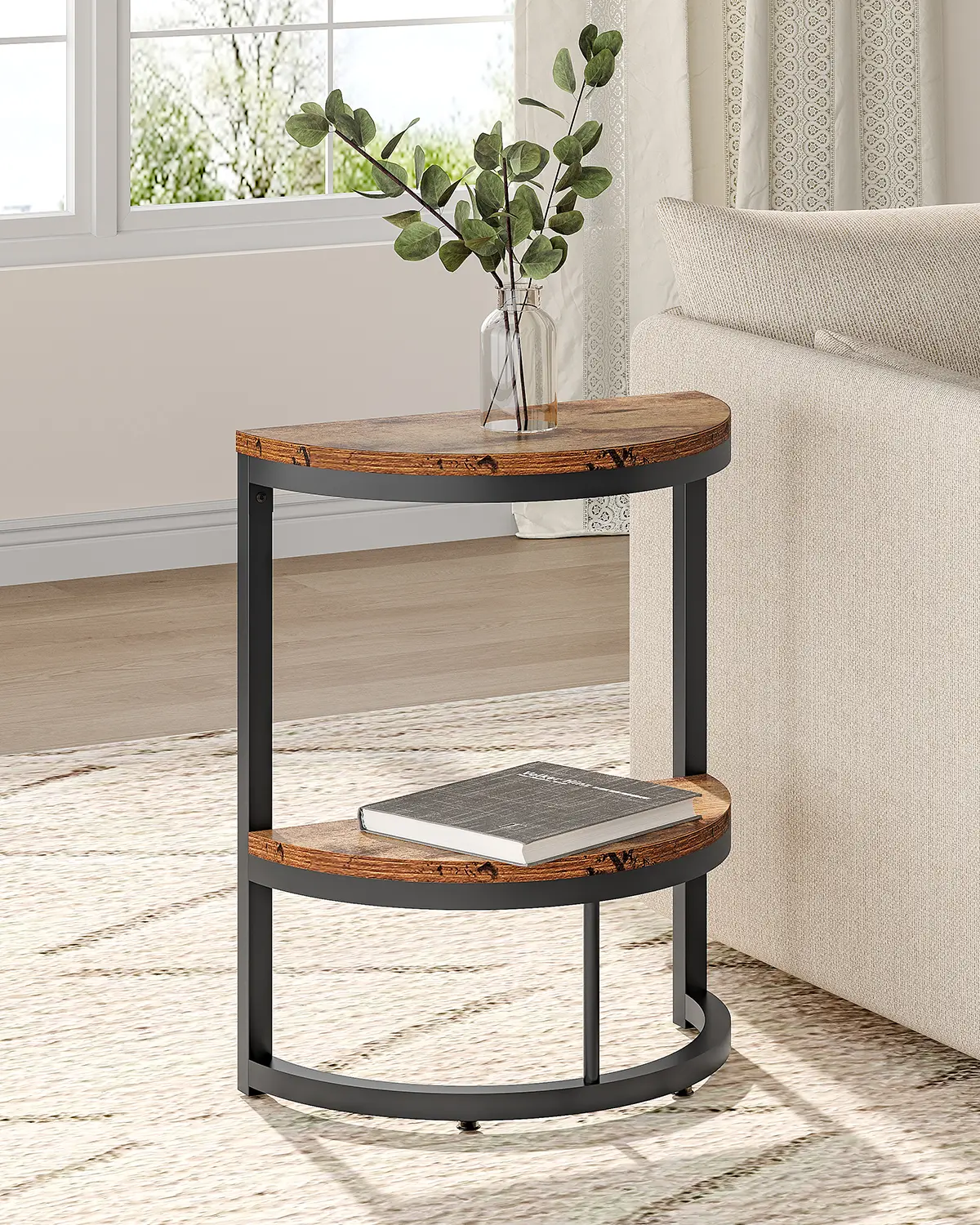 Tribesigns 2-Tier Half Round Narrow Table with Storage Shelf & Metal Frame - Rustic Brown, Space-Saving PB + Metal, Brown Storage Tables & Desks
