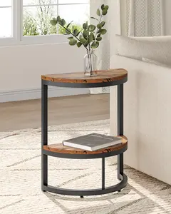 Tribesigns 2-Tier Half Round Narrow Table with Storage Shelf & Metal Frame - Rustic Brown, Space-Saving PB + Metal, Brown Storage Tables & Desks