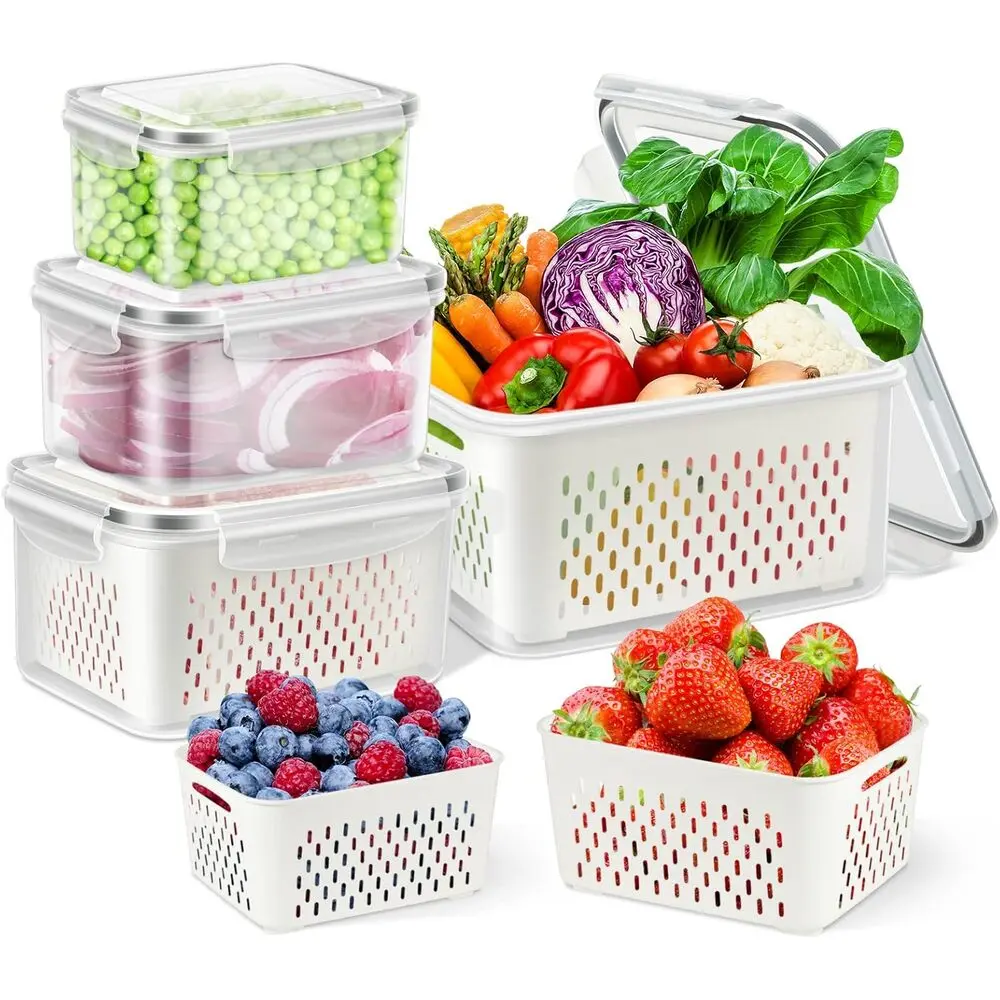 2/4/6 Pack Dual Drain Sturdy Fridge Crisper Box, Stackable Produce Storage Bin For Grape Radish Scallion Raw Fish