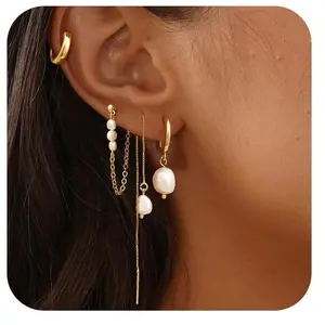 Tewiky Mother's Day Gifts for Mom Cross Pearl Dangle Hoop Earrings for Women - Dainty Hypoallergenic Gold Small Drop Chain Hoops Trendy Earring Sets for Multiple Piercing Jewelry