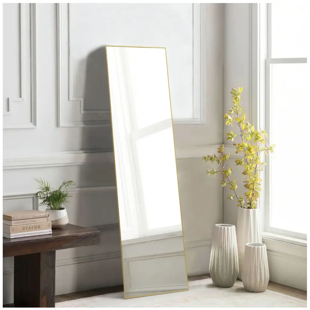 64"x21" Full Length Rectangular Mirror Wall or Leaning Aluminum Alloy Frame with Stand Gold Decor Durable
