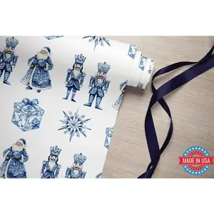 Chinoiserie Christmas Wrapping Paper Roll, Blue Christmas Gift Wrap, Nutcracker Wrapping Paper, Santa Gift Wrap Roll